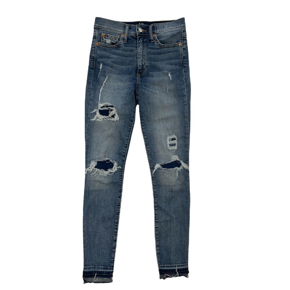 GAP high waisted rise true skinny raw hem distressed patch denim blue jeans 26